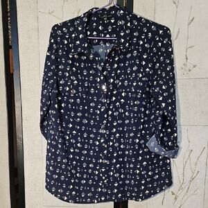 Blue and White 3/4 Sleeve Cuffed Sleeve Polo Button Down Shirt